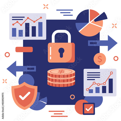 Data security and financial analytics concept with charts and lock symbol