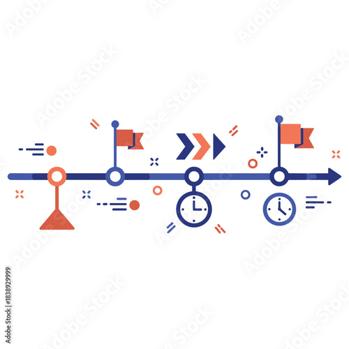 Abstract timeline infographic with flags and clocks in blue and orange design