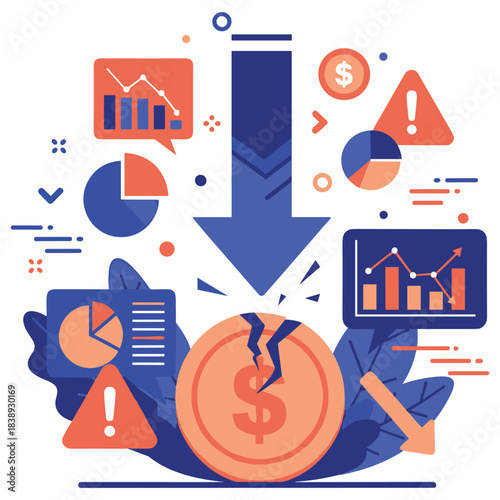 Economic decline illustration with financial symbols and downward arrow