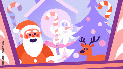 Cute cartoon-style Christmas vector illustration with smiling Santa Claus, reindeer, Christmas tree