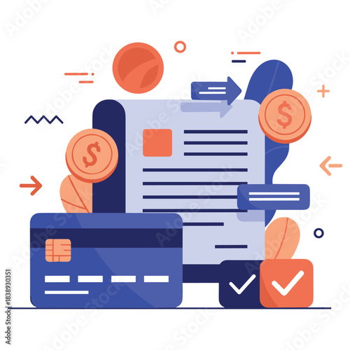 Digital payment concept with credit card, invoice, and currency symbols