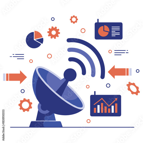 Satellite dish with signal waves and data charts in a technological illustration