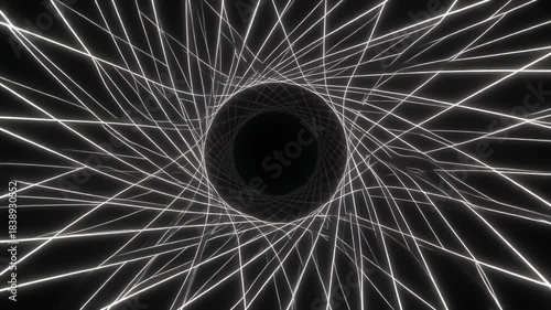 animation of a rotating 3D architectural grid made of thin shiny lines, slow rotation, monochrome white on black style, elegant depth shadows