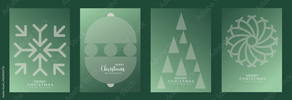 Naklejka premium Christmas and Happy New Year vector illustration with soft gradient colors, festive ornaments, trees and holiday elements — elegant design for cards, posters and prints.