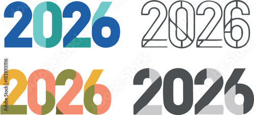A collection of four "2026" year designs, featuring distinct styles: translucent overlapping colors, an intricate outline with internal lines, warm overlapping colors, and a bold, modern black and gre