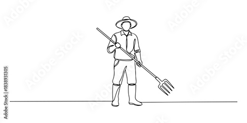 Continuous one line of a farmer with pitchfork, symbolizing agriculture, tradition, and work, hand drawn vector illustration.