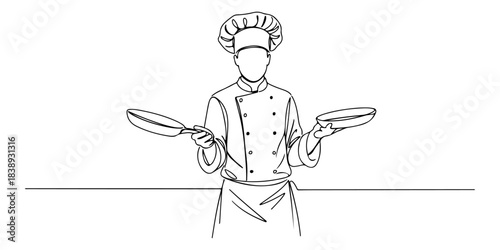 Continuous one line of a chef holding a pan, symbolizing cooking, passion, and creativity, hand drawn vector illustration.