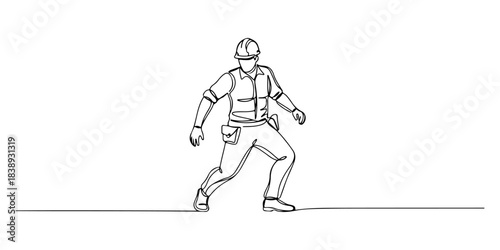 Continuous one line of a construction worker with hard hat, representing building, labor, and strength, hand drawn vector illustration.