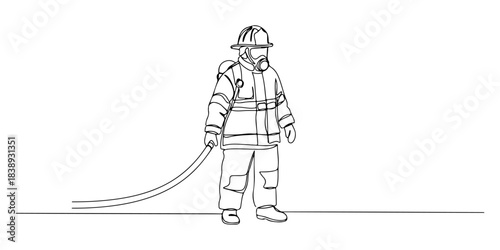 Continuous one line of a firefighter with helmet, representing bravery, rescue, and protection, hand drawn vector illustration.