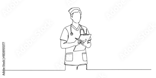 Continuous one line of a nurse with clipboard, representing compassion, service, and health, hand drawn vector illustration.