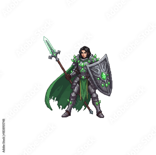 pixel art emerald guardian warrior standing firmly with massive crystal shield protecting sacred realm

