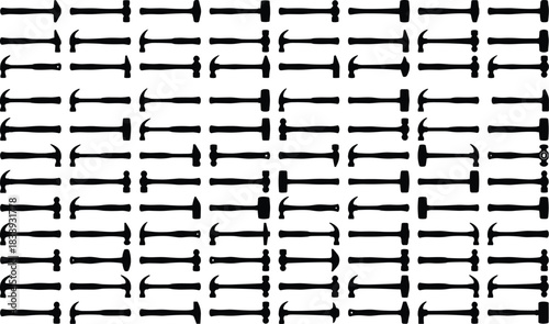 Seamless Black and White Pattern Background Created from Various Hammer Silhouettes, Including Claw and Ball Peen Hammer Tools Vector