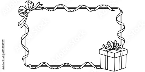 Rectangular frame decorated with ribbon, bow, and gift box, perfect for holiday cards, festive templates, and celebration designs.
