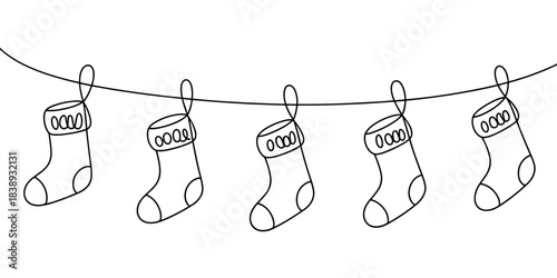 Continuous line drawing of hanging Christmas stockings on a string, symbolizing holiday decoration, festivity, tradition, and seasonal celebration.