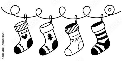 festive Christmas stockings hanging from a curly line, ideal for holiday designs, decor, and seasonal graphics.
