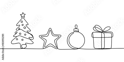 Simple illustration showing Christmas tree, star, bauble and gift box, ideal for festive design, decoration concepts and holiday branding.