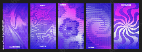 Y2K Hippie Aesthetic Halftone Dot Abstract Background Set with Flowing Swirls, Star and Flower Vector