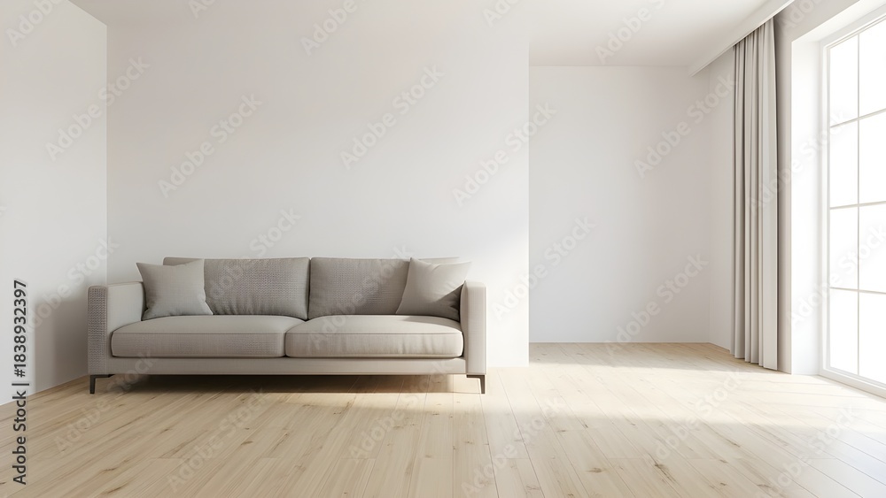 Fototapeta premium Modern minimalist living room interior with sofa and natural light