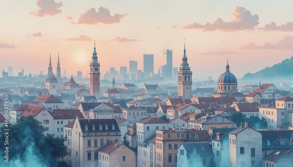 Obraz premium Cityscape at Sunrise with Historical Domes and Modern Skyscrapers in Misty Light.