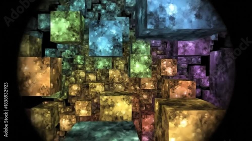 Abstract Colorful Fractal Cubes Animation, Floating Rainbow Geometric Shapes Against Black Background, Modern Digital Art
