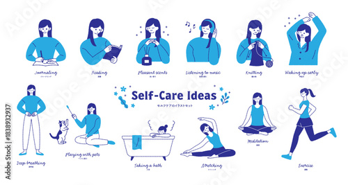 読書やストレッチ・瞑想などのセルフケアを実践する女性のイラストセット｜ベクター