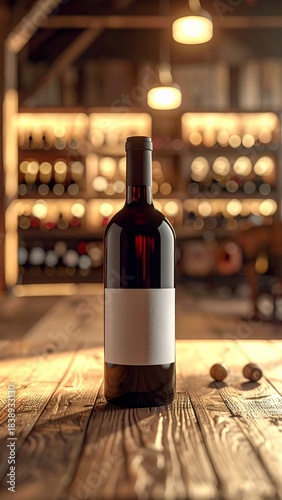 Red Wine Bottle with Blank Label on Rustic Wooden Table in a Cozy Bar Setting.