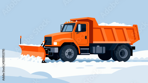 Snow plow truck clearing snow in winter landscape - Concept of road, cargo transport, specialized equipment  