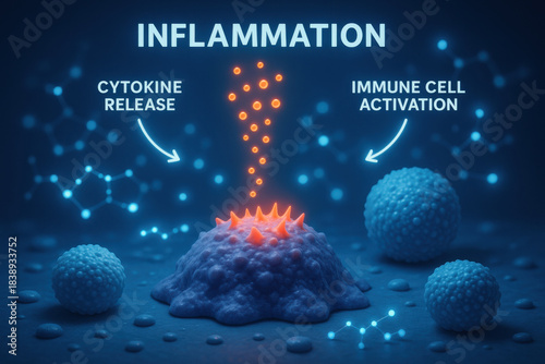 Scientific inflammation mechanism diagram showing cytokine release and immune cell activation. medical biology illustration of cellular response and glowing marker