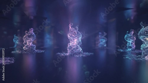 Abstract swirling liquid forms in an illuminated reflective space creating an ethereal atmosphere