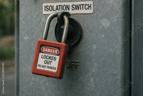 Red lockout padlock for safety and compliance attached to an isolation switch on weathered outdoor power distribution box, conveying strong sense of danger and security