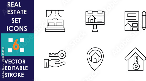 Minimal line-style real estate icon set featuring home listings, contracts, keys, location markers, and property search elements, presented in a clean grid with editable stroke design.