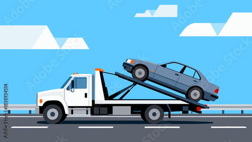 Tow truck carrying a car on highway with clear blue sky background  