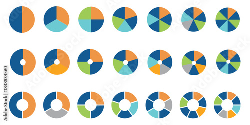 Set of colorful pie charts. Colorful pie charts with varying segments. Circle section graph. Pie chart set. Pie charts diagrams. Different color circles. donut and pie chart infographic elements set. 