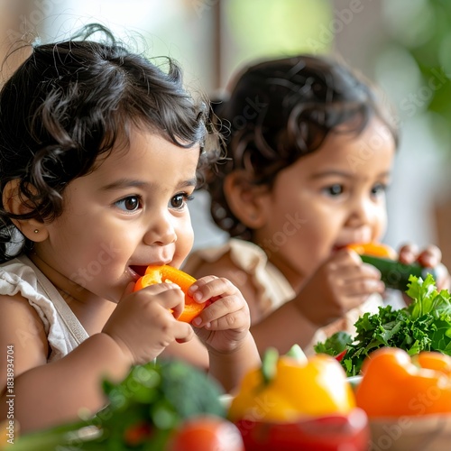 Two adorable babies happily eating fresh bell peppers, enjoying healthy snacks.