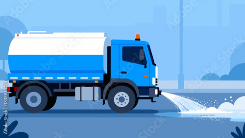 Truck spraying water on road in urban environment - Concept of road, special vehicles  