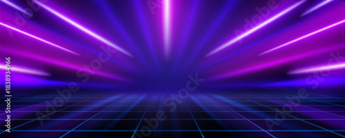 Speed motion neon tech lines on dark background with glowing blue and purple light effects. Abstract digital space with futuristic energy trails, cyber network flow and high speed data visualization.