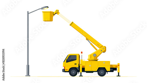 Yellow bucket truck lifting to repair streetlight on white background  