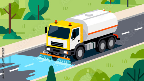 Road cleaning truck spraying water on urban street environment  