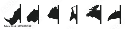 Moose Head Tattoo Style Silhouette, Animal.Set with silhouettes of a deer and others animal head in various positions isolated on a white background. Vector illustration.