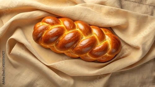 Golden braided challah bread resting on a textured beige cloth
