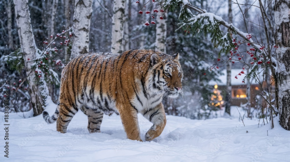 Obraz premium Tiger Walking in Winter Snow - A majestic tiger strides confidently through a snow covered forest, a testament to the power and beauty of nature in winter