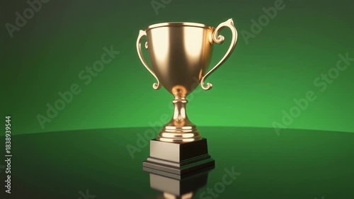 A gleaming golden trophy with two handles stands on a dark base, reflected on a shiny surface against a vibrant green background.