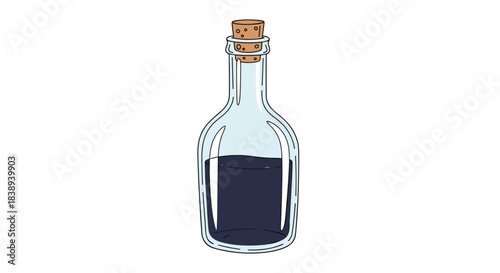 Clear glass bottle with cork stopper filled with dark liquid, isolated on white background.