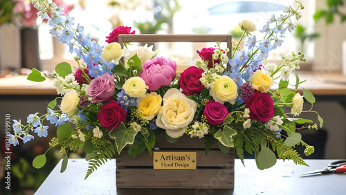 Colorful mixed flower bouquet in an artisan wooden box. Floral arrangement with roses, peonies, and delphiniums from a florist studio