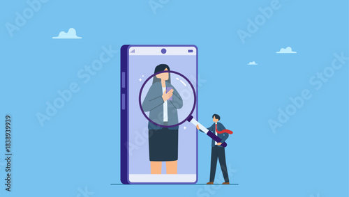 Businessman using magnifying glass to analyze, identify user on smartphone app. KYC, Know your customer process to identify user in online banking, cryptocurrency trading or cyber transaction.