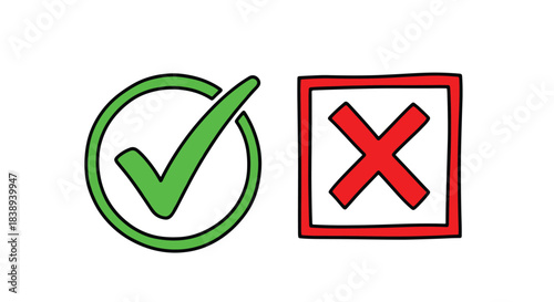 A green checkmark inside a circle next to a red x inside a square.
