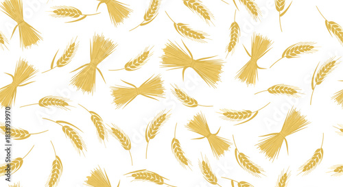 Seamless pattern of golden wheat stalks and sheaves on a white background.
