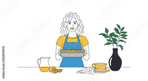 Woman in apron holding a baking dish with a pie and a glass pitcher of juice on the table.