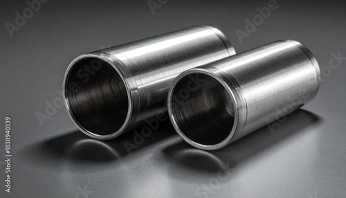 Two polished metal cylinders on reflective surface, minimal industrial composition.