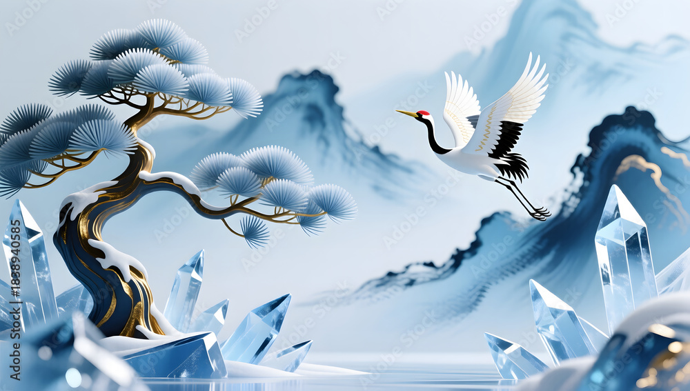 Obraz premium Cranes soar above icy pines in a grand winter tableau